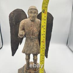 Antique Hand Carved Angel Figure with Metal Wings Folk Art Santos Spanish Colonial
