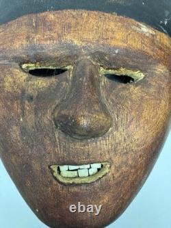 Antique Hand-Carved Brown Wood Tribal Mask Latin American Indigenous Folk Art