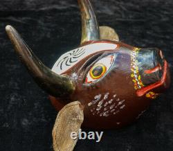 Antique Hand Carved Bull Torito Traditional Wooden Dance Mask from Guatemala