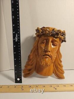 Antique Hand Carved Natural Wood Folk Art Religious Jesus Christ Sculpture Bust