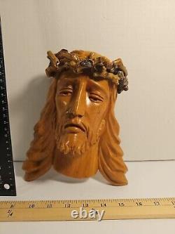 Antique Hand Carved Natural Wood Folk Art Religious Jesus Christ Sculpture Bust