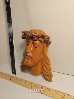 Antique Hand Carved Natural Wood Folk Art Religious Jesus Christ Sculpture Bust