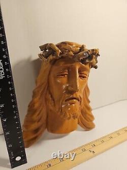 Antique Hand Carved Natural Wood Folk Art Religious Jesus Christ Sculpture Bust