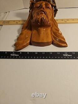 Antique Hand Carved Natural Wood Folk Art Religious Jesus Christ Sculpture Bust