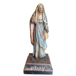 Antique Hand Carved Polychrome Wood Religious Saint Statue Folk Art Figurine