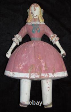 Antique Hand Carved Primitive Folk Art Sculpture Girl Pink Dress 17 Painted #49