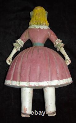 Antique Hand Carved Primitive Folk Art Sculpture Girl Pink Dress 17 Painted #49