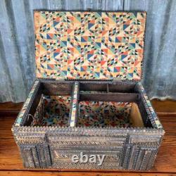 Antique Hand Carved TRAMP SEWING BOX Folk Art Sculpture Repurposed Large