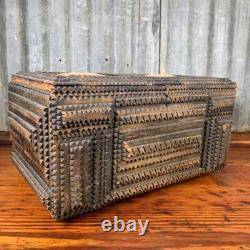 Antique Hand Carved TRAMP SEWING BOX Folk Art Sculpture Repurposed Large