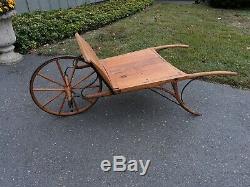 Antique Hand Carved Wheelbarrow Wrought Iron Carriage Type Folk Art Primitive