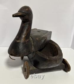 Antique Hand Carved Wood Duck on Wheels Folk Art Secret compartment/Read