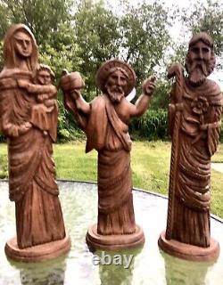 Antique Hand Carved Wood Folk Art Mary Joseph & Jesus Statues Christian Blessed