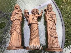 Antique Hand Carved Wood Folk Art Mary Joseph & Jesus Statues Christian Blessed