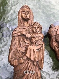 Antique Hand Carved Wood Folk Art Mary Joseph & Jesus Statues Christian Blessed