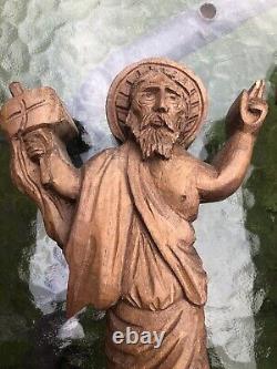 Antique Hand Carved Wood Folk Art Mary Joseph & Jesus Statues Christian Blessed
