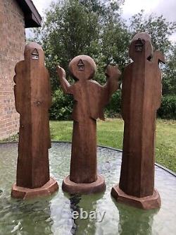 Antique Hand Carved Wood Folk Art Mary Joseph & Jesus Statues Christian Blessed