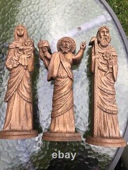 Antique Hand Carved Wood Folk Art Mary Joseph & Jesus Statues Christian Blessed