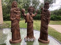 Antique Hand Carved Wood Folk Art Mary Joseph & Jesus Statues Christian Blessed