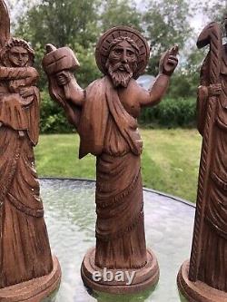 Antique Hand Carved Wood Folk Art Mary Joseph & Jesus Statues Christian Blessed
