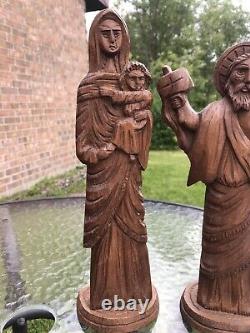 Antique Hand Carved Wood Folk Art Mary Joseph & Jesus Statues Christian Blessed