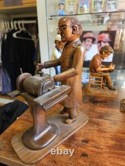 Antique Hand Carved Wood Saw Grinder Folk Art Sculpture Figure 7 Signed 1978