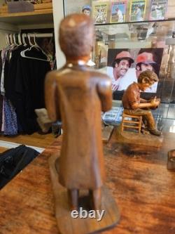 Antique Hand Carved Wood Saw Grinder Folk Art Sculpture Figure 7 Signed 1978