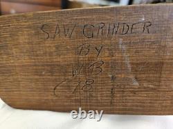 Antique Hand Carved Wood Saw Grinder Folk Art Sculpture Figure 7 Signed 1978