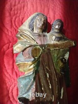 Antique Hand Carved Wood Virgin Mary Jesus Santos Polychrome Statue Folk Art