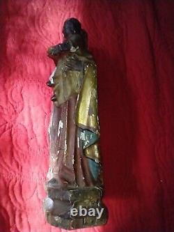 Antique Hand Carved Wood Virgin Mary Jesus Santos Polychrome Statue Folk Art