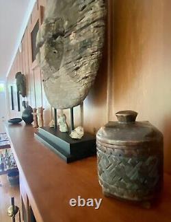 Antique Hand Carved Wooden Basket Weave Folk Art Americana Vessel With Lid 1890s