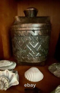 Antique Hand Carved Wooden Basket Weave Folk Art Americana Vessel With Lid 1890s