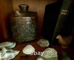 Antique Hand Carved Wooden Basket Weave Folk Art Americana Vessel With Lid 1890s