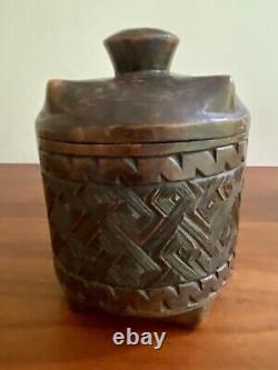 Antique Hand Carved Wooden Basket Weave Folk Art Americana Vessel With Lid 1890s