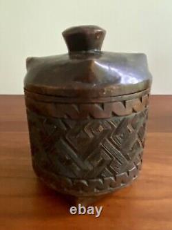 Antique Hand Carved Wooden Basket Weave Folk Art Americana Vessel With Lid 1890s
