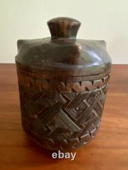 Antique Hand Carved Wooden Basket Weave Folk Art Americana Vessel With Lid 1890s