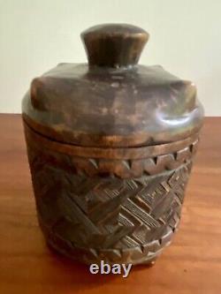 Antique Hand Carved Wooden Basket Weave Folk Art Americana Vessel With Lid 1890s