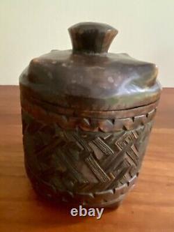 Antique Hand Carved Wooden Basket Weave Folk Art Americana Vessel With Lid 1890s