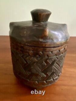 Antique Hand Carved Wooden Basket Weave Folk Art Americana Vessel With Lid 1890s