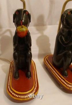 Antique Indian Folk Art Polychromed Carved Wood 1870's Monkey Lamp Set-23 Tall