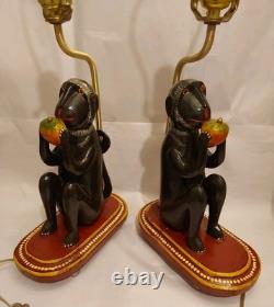 Antique Indian Folk Art Polychromed Carved Wood 1870's Monkey Lamp Set-23 Tall