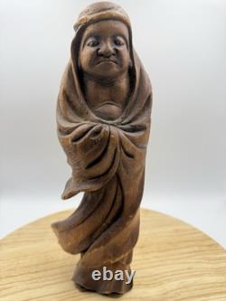 Antique Japanese Hand Carved Wooden Daruma Statue 12 x 5.5 Folk Art