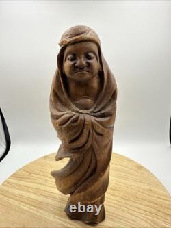 Antique Japanese Hand Carved Wooden Daruma Statue 12 x 5.5 Folk Art