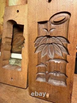 Antique Japanese folk art carved cherry wooden cookie mold Bamboo Kashigata
