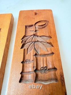 Antique Japanese folk art carved cherry wooden cookie mold Bamboo Kashigata