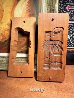 Antique Japanese folk art carved cherry wooden cookie mold Bamboo Kashigata
