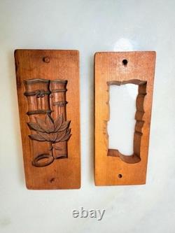 Antique Japanese folk art carved cherry wooden cookie mold Bamboo Kashigata