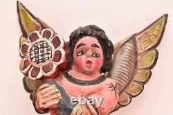 Antique MEXICAN GUERRERO FOLK ART CARVED WOOD ANGEL PUTTI Cherub MASK VTG 14.5