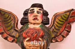 Antique MEXICAN GUERRERO FOLK ART CARVED WOOD ANGEL PUTTI Cherub MASK VTG 18