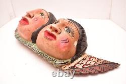 Antique MEXICAN GUERRERO FOLK ART CARVED WOOD Double ANGEL PUTTI Cherub MASK