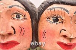 Antique MEXICAN GUERRERO FOLK ART CARVED WOOD Double ANGEL PUTTI Cherub MASK